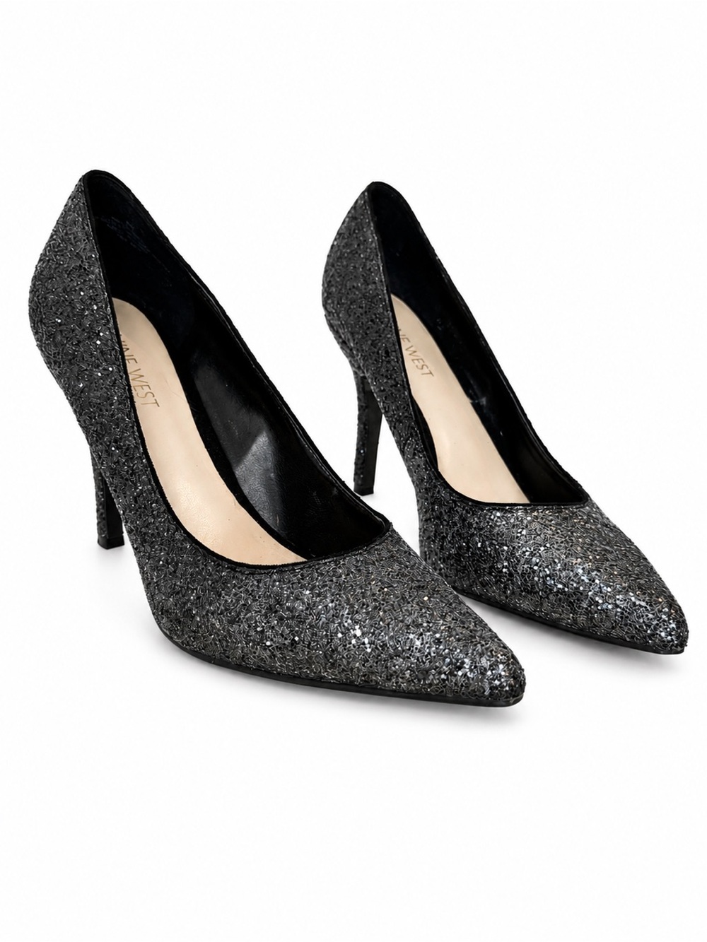 Nine West Glitter Pointed Toe Stiletto Pumps Sparkly Black Silver Size 8